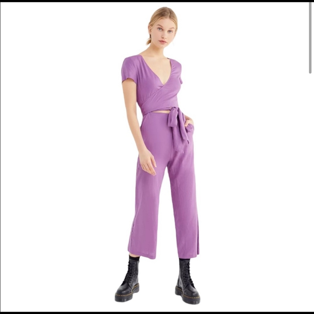 UO Midriff cutout Linen high Waist Wide Leg wrap cropped jumpsuit Purple